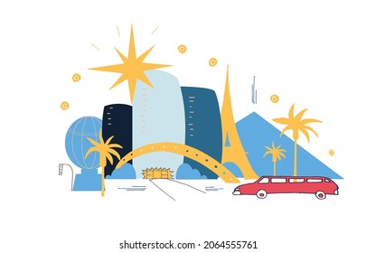 Vegas holiday travel flat drawing. Modern style american city cartoon illustration. Las Vegas doodle illustration. Hand sketched poster, banner, postcard, card template for travel company, T-shirt