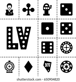Vegas icon. set of 13 filled vegasicons such as clubs, diamonds, roulette, dice, casino boy, vegas, slot machine
