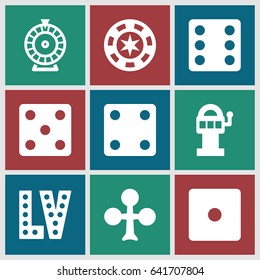 Vegas icons set. set of 9 vegas filled icons such as clubs, dice, roulette, vegas, slot machine