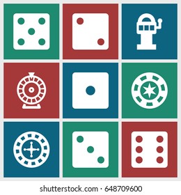 Vegas icons set. set of 9 vegas filled icons such as roulette, dice, slot machine