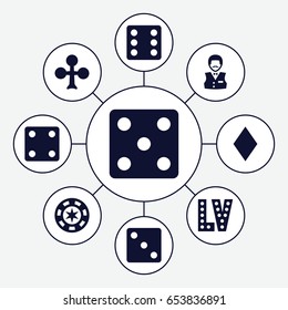 Vegas icons set. set of 9 vegas filled icons such as clubs, diamonds, dice, casino boy, vegas