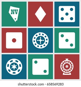 Vegas icons set. set of 9 vegas filled icons such as diamonds, roulette, dice, vegas