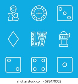 vegas icons set. Set of 9 vegas outline icons such as Diamonds, Roulette, Dice, Casino boy, Vegas