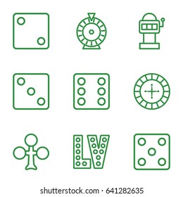 Vegas icons set. set of 9 vegas outline icons such as clubs, roulette, dice, vegas