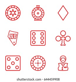 Vegas icons set. set of 9 vegas outline icons such as clubs, diamonds, roulette, dice, casino boy, vegas