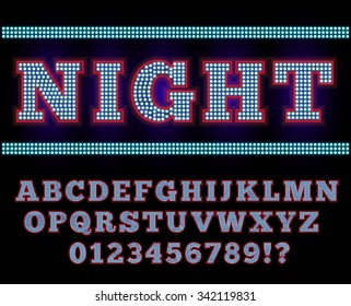 Vegas or Retro Broadway Style Night Font. Neon blue and Red colored vector alphabet