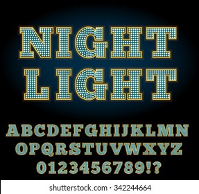 Vegas Or Retro Broadway Style Night Font. Gold And Neon Blue Colored Vector Alphabet