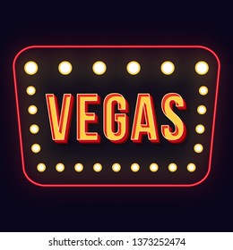 Vegas vintage 3d vector lettering. Retro bold font with glowing frame. Pop art stylized text. Old school style letters. 90s, 80s poster, banner, signboard typography design. Dark blue color background