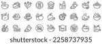 Vegatable dish, poke bowl food and healthy salad set. Meal line icons. Pizza, pasta spaghetti bowl and burger line icons. Breakfast meal, vegetable salad and fish. Apple and carrot fresh juice. Vector