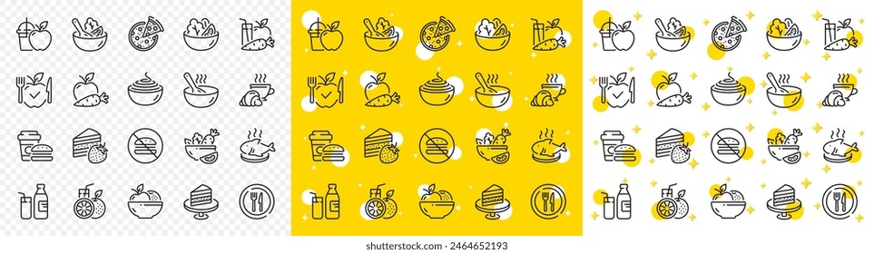 Plato vegetal, comida de tazón de póquer y ensalada sana. Iconos de la línea de comida. Iconos de pizza, pasta spaghetti bowl y hamburguesa. Desayuno, ensalada de verduras y pescado. Zumo fresco de manzana y zanahoria. Vector