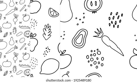 Vegatable and fruits pattern set, doodle seamless digital paper. Organic doodle food vegetarian concept, grow food: carrot, tomato, potato, celery, pumpkin. Dill, radish, cucumber, avocado, broccoli