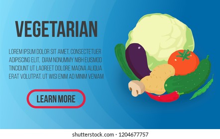 Vegatarian concept banner. Isometric banner of vegatarian vector concept for web, giftcard and postcard