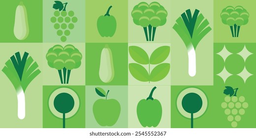 Fundo de vetor abstrato vegetal. Comida ecológica, estilo minimalismo. Ilustração vetorial comida saudável, repolho, abobrinha, cebola, maçã, uva. Ornamento de mosaico em estilo plano.70s.