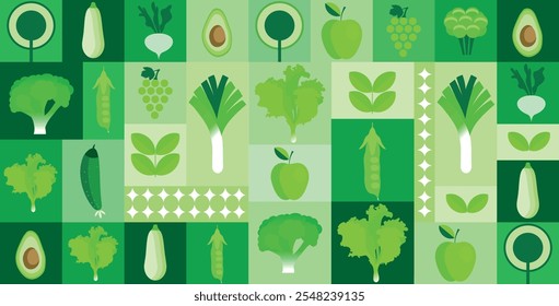 Vegetable abstract vector background. Eco food, Minimalism style. Vector illustration healthy food, cabbage, zucchini, onion, apple, grape. Mosaic ornament in flat style.70s.