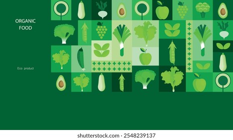 Fondo de Vector abstracto vegetal. Comida ecológica, estilo minimalista. Ilustración vectorial de alimentos saludables, repollo, calabacín, cebolla, manzana, uva. Adorno de mosaico en estilo plano. Años 70.