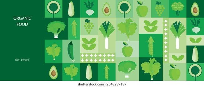 Vegetable abstract vector background. Eco food, Minimalism style. Vector illustration healthy food, cabbage, zucchini, onion, apple, grape. Mosaic ornament in flat style.70s.