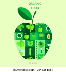 .Vegetable abstract vector background. Eco food, Minimalism style. Vector illustration healthy food, cabbage, zucchini, onion, apple, grape. Mosaic ornament in flat style.70s.