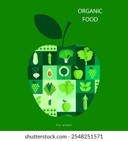 .Vegetable abstract vector background. Eco food, Minimalism style. Vector illustration healthy food, cabbage, zucchini, onion, apple, grape. Mosaic ornament in flat style.70s.