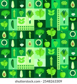 Vegetable abstract vector background. Eco food, Minimalism style. Vector illustration healthy food, cabbage, zucchini, onion, apple, grape. Mosaic ornament in flat style.70s.