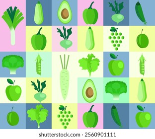 .Vegetable abstract vector background. Eco food, Minimalism style. Vector illustration healthy food, cabbage, zucchini, onion, apple, grape. Mosaic ornament in flat style.70s.