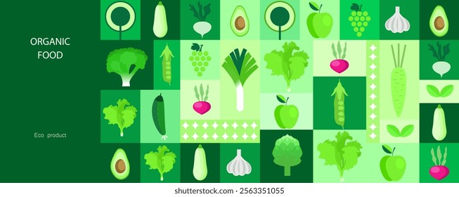 Vegetable abstract vector background. Eco food, Minimalism style. Vector illustration healthy food, cabbage, zucchini, onion, apple, grape. Mosaic ornament in flat style.70s.