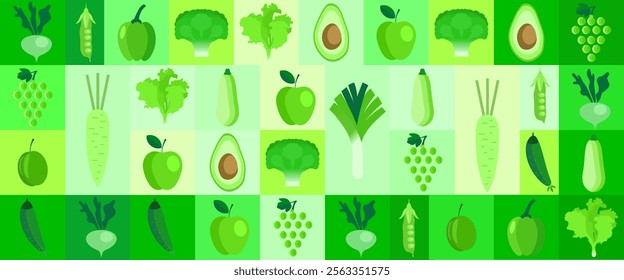 .Vegetable abstract vector background. Eco food, Minimalism style. Vector illustration healthy food, cabbage, zucchini, onion, apple, grape. Mosaic ornament in flat style.70s