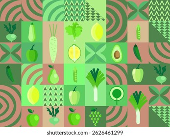 Vegetable abstract vector background. Eco food, Minimalism style. Vector illustration healthy food, cabbage, zucchini, onion, apple, grape. Mosaic ornament in flat style.70s.