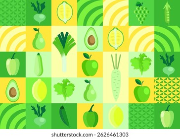 Vegetable abstract vector background. Eco food, Minimalism style. Vector illustration healthy food, cabbage, zucchini, onion, apple, grape. Mosaic ornament in flat style.70s.
