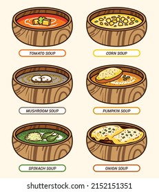 Vegetable appetizers in Wooden bowl soup: Tomato, Corn, Mushroom, Pumpkin, Spinach, Onion. Bowl soup cartoon icon vector illustration flat design drawing.
