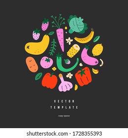 Vegetable arrangement, hand drawn illustration of various fruits and vegetables, banner template with copy space for your text, cute veggies, modern vector drawing, black background