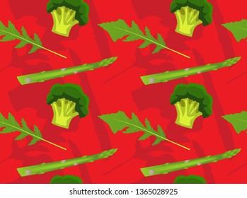 Vegetable Asparagus Arugula Brocoli Red Background Seamless Wallpaper