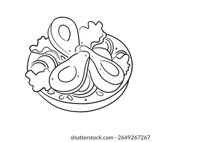 Vegetable avocado salad, continious line drawing. Helthy food outline. Vector illustration isolated on white background