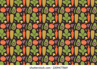 Vegetable background with different veggies, berries in stylized flat style. Colorful isolated clip arts with broccoli, carrot, avocado, tomato for vegetarian, vegan menu of cafe, wrapping paper