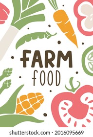 Antecedentes vegetales y texto sobre "Alimentos agrícolas". Pancarta prefabricada con alimentos saludables, alimentos orgánicos, dieta, vegetarianismo y vitaminas. Ilustración dibujada a mano por vectores