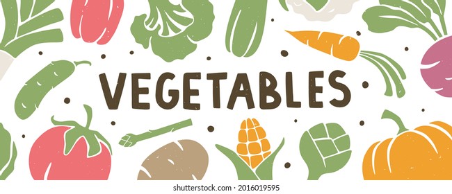 Vegetable background. Header or banner with healthy food, organic food, diet, vegetarianism and vitamins symbols. Vector flat hand drawn illustration