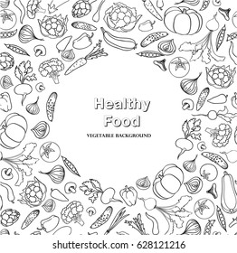  Vegetable background. Healthy food frame decor. Food ingredient doodle line pattern.