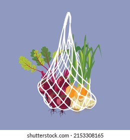 bolsa de verduras, digamos, sin bolsa de plástico, bolsa de cuerdas, remolacha, cebolla, ajo, verduras aisladas en el fondo, ilustración vectorial