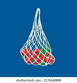 Bolsa de verduras, digamos que no hay bolsa de plástico, bolsa de cuerdas, tomates, pimienta. Ilustración vectorial, ilustración aislada en un fondo blanco, basura cero, decir no a la contaminación, productos ecológicos.