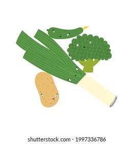 Vegetable balance print. Funny veggies with cute faces in vertical stack: potato, leek, broccoli, cucumber. Healthy eating concept for t-shirt or tote bag. 