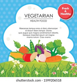 Vegetable Banner Background with flat cartoon design, Fresh and healthy food concept, big space for place text, simple, stylish and modern for healthy food concept