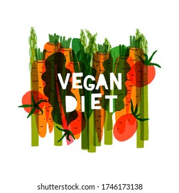 Vegetable banner with flat style carrot, asparagus, tomato, green leaves and copy space for inscription. Layout template for vegan theme presentation, blog, app, brochure, site. Healthy food backdrop