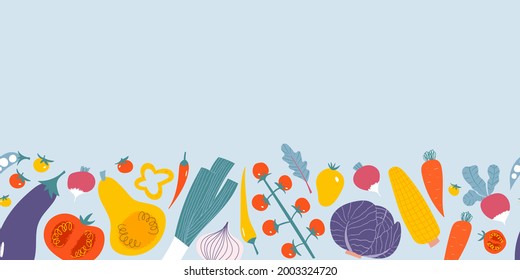 Vegetable banner for local market or vegan menu. Simple veggie frame with copy space. Fresh summer healthy food border.