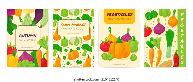 Vegetable banner. Posters with cartoon fresh vegetable patterns and place for text, healthy vegetarian organic food. Vector set