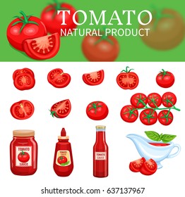 Vegetable banner and a set of tomatoes and sauces ketchup. Vector illustration.