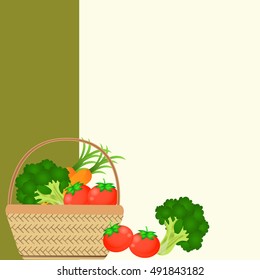 vegetable basket carrot tomato broccoli on green and white background.vector illustration.