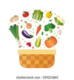 Vegetable basket flat style illustration (isolated). Menu design elements. 