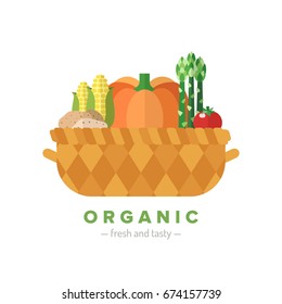 Vegetable basket flat style illustration (isolated). Organic food. Part one.