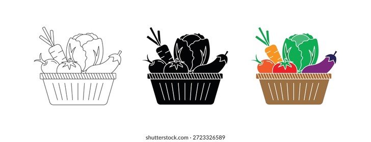 Conjunto de ícone de cesta vegetal. Comida de mercearia e ícone do vetor da cesta de nutrição isolado no fundo transparente. Ilustração vetorial.