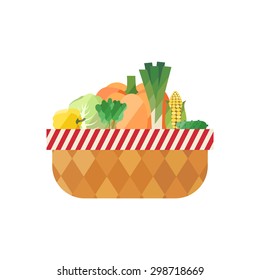 Vegetable basket isolated (pepper, cabbage, spinach, pumpkin, leek, corn, cucumber). Vector illustration. Modern flat design.