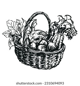 vegetable basket - vegetables in a wicker basket, black and white vector illustration